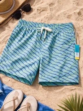 Fair Harbor Teal Swim Shorts with Blue Stripe Waistband